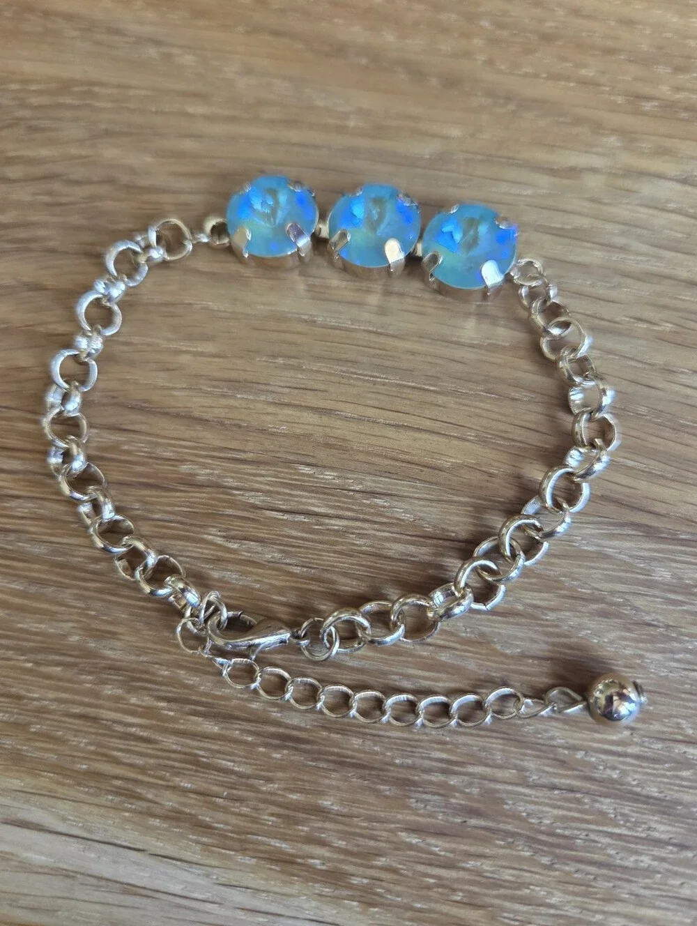 Blue / Green Sparkly Crystals Gold Rolo Chain Bracelet - Hand Crafted